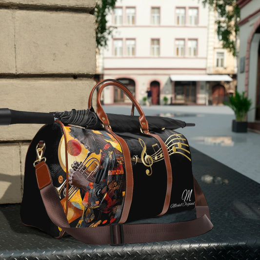 Black duffle bag with brown leather handles, music notes design, and trumpet player artwork