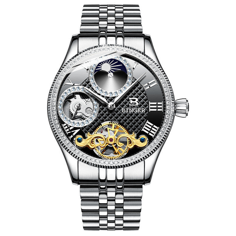 BINGER Luxury Men's Automatic Mechanical Skeleton Waterproof Stainless Steel Watch