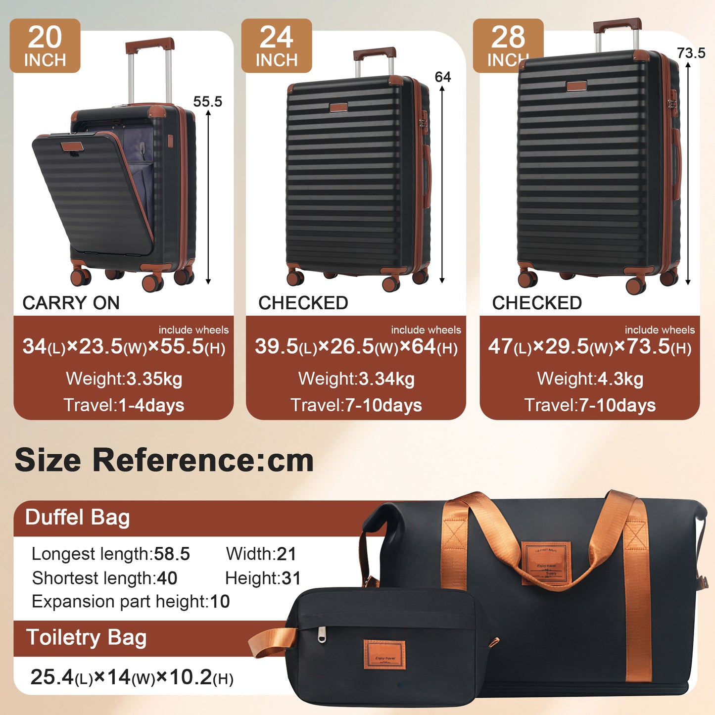 ESCAPE SERIES BROWN 5 Piece With Front Opening , Hard side Suitcases With Spinner Wheels TSA Lock USB Port  Cup Holder Duffel Bag And Toiletry Bag