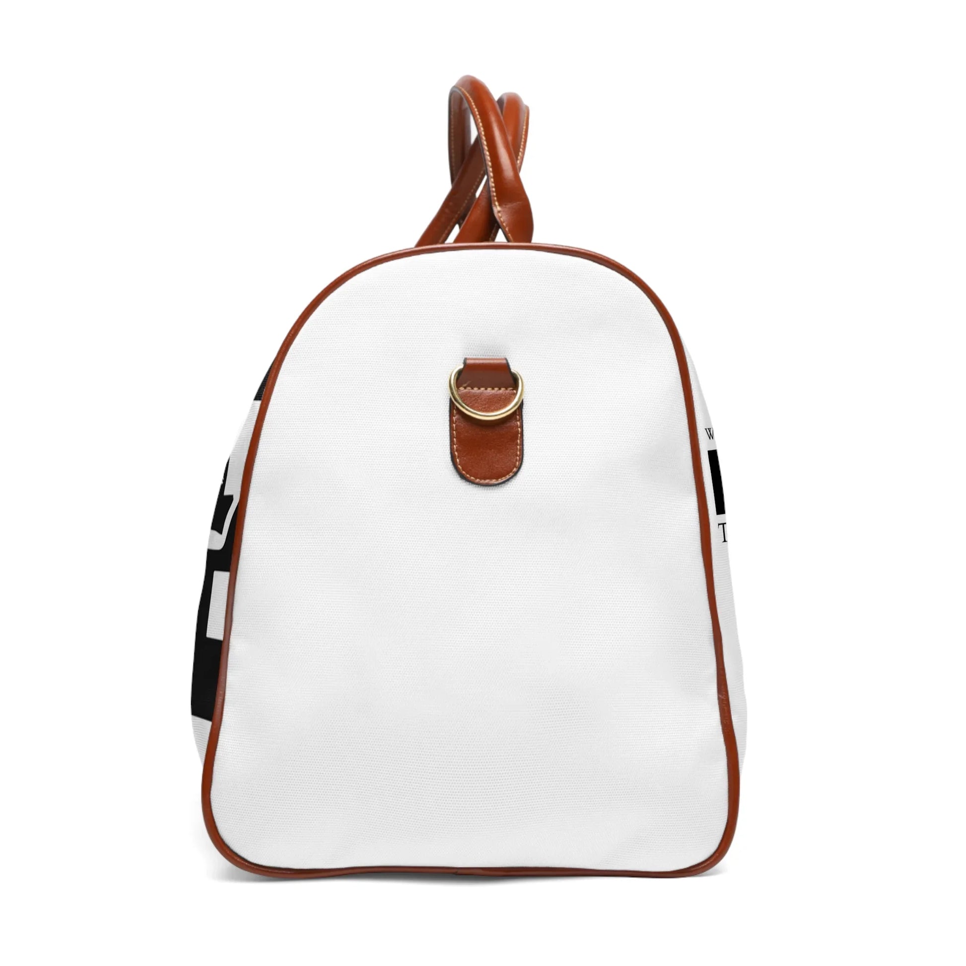 White backpack with brown leather trim and straps, featuring a gold metal ring on the front