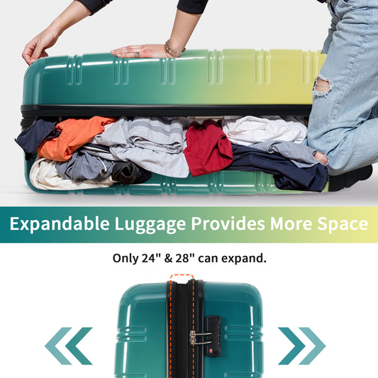 GETAWAY GREEN 3 Piece Gradient Color Expandable Suitcase Set With Spinner Wheels And TSA Lock Lightweight 20" 24"  28"