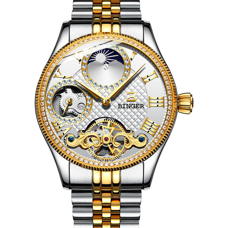 BINGER Luxury Men's Automatic Mechanical Skeleton Waterproof Stainless Steel Watch