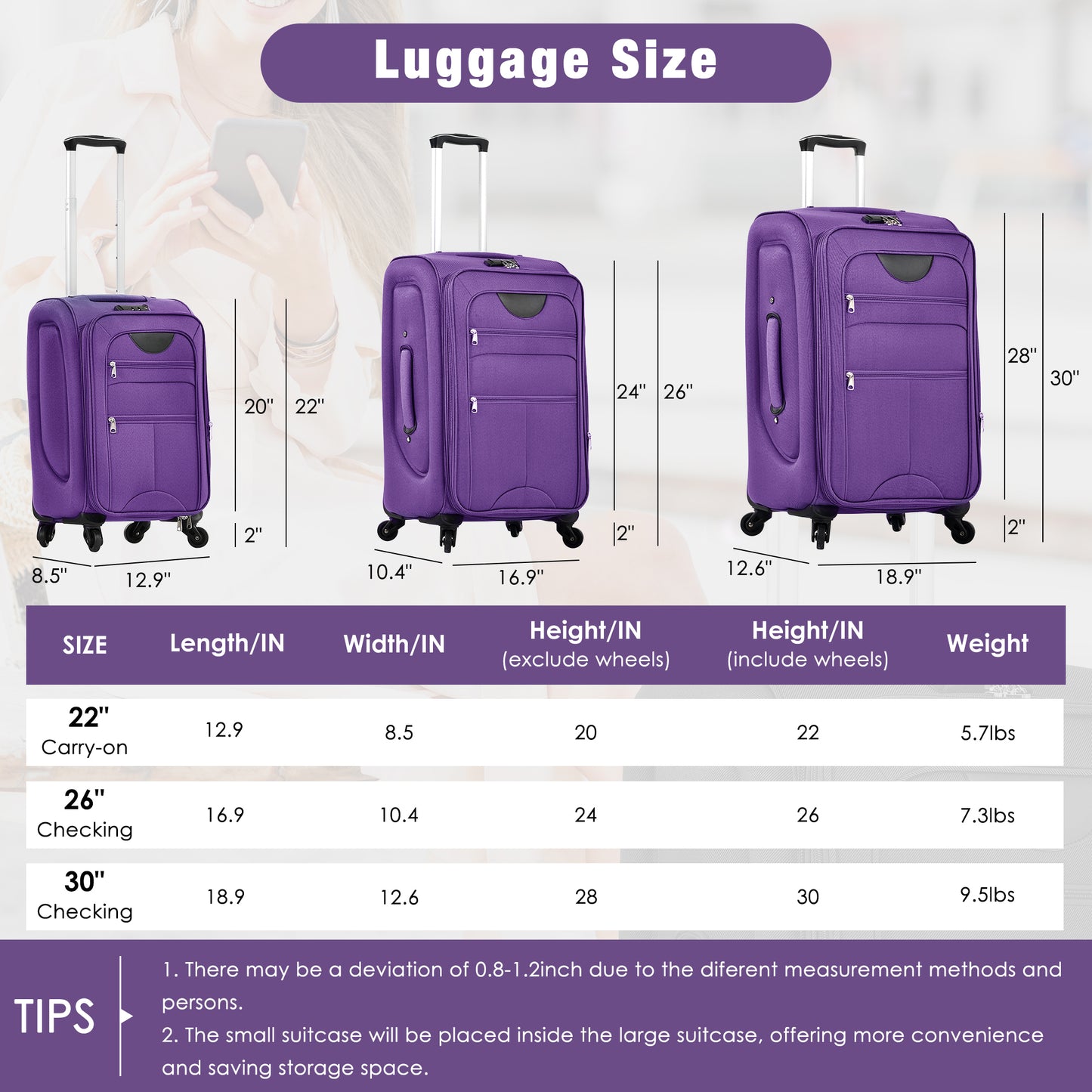 DESTINATION 3+ PURPLE Soft side Luggage Expandable 3 Piece Set Suitcase With Duffel Bag Set-22"-26"-30"