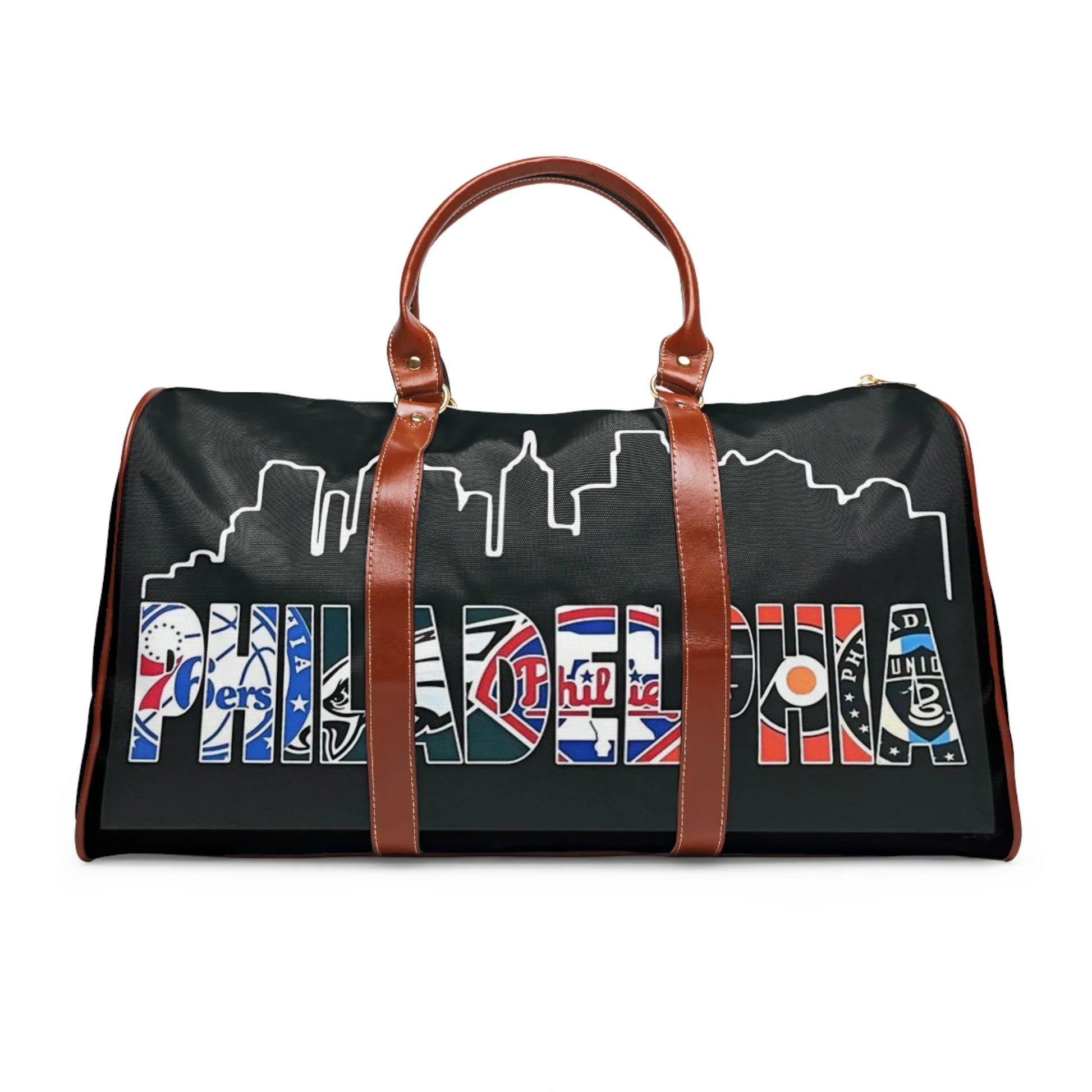 Black Philadelphia duffel bag with brown leather handles and city skyline outline