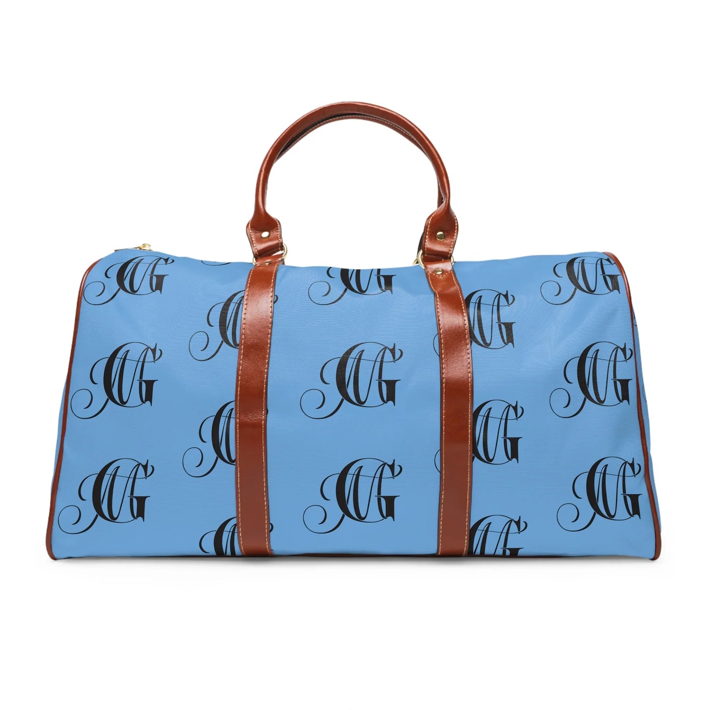 Blue duffel bag with brown leather handles and straps featuring black monogram print