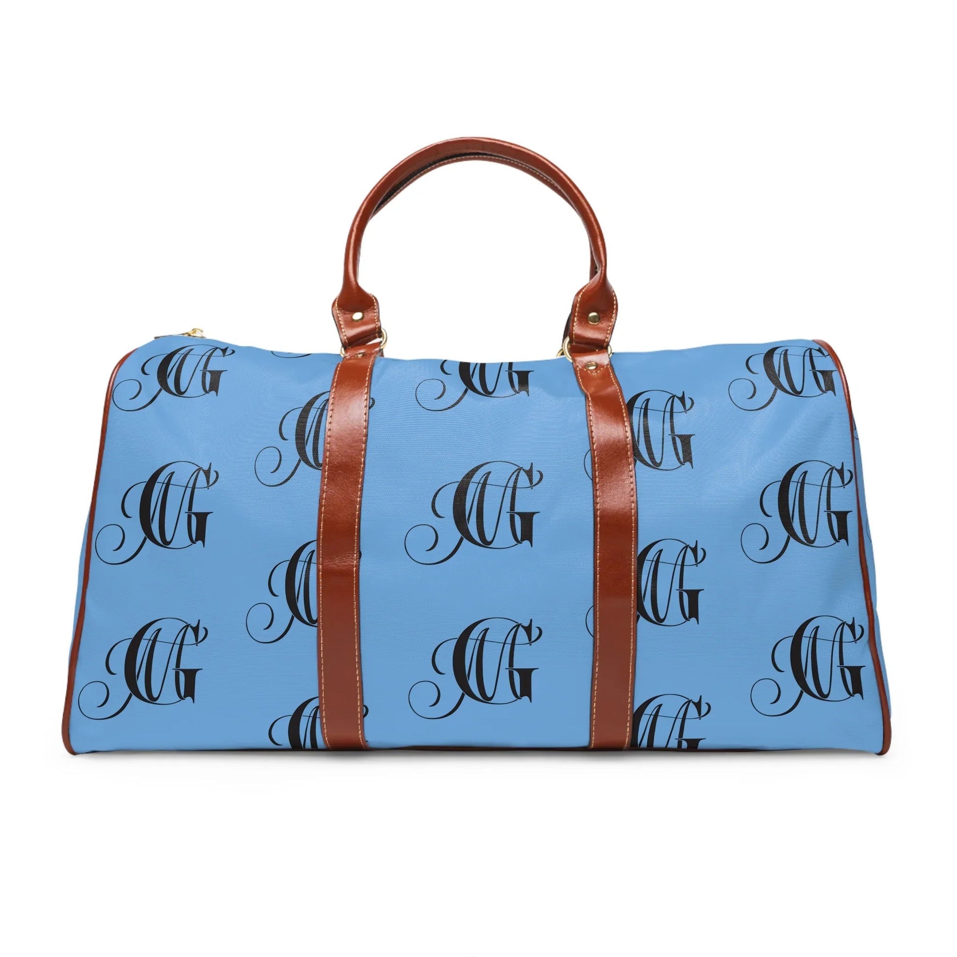 Blue duffel bag with brown leather handles and straps featuring black monogram print