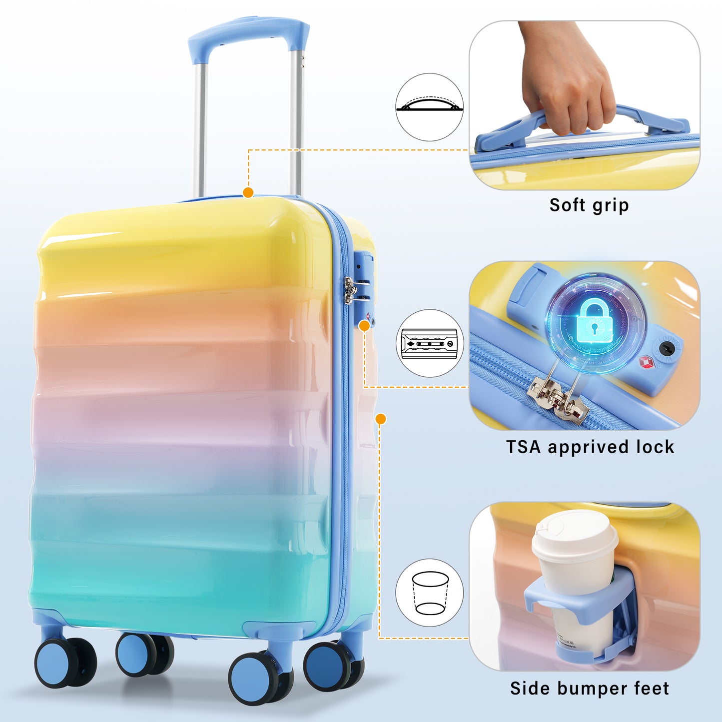 ESCAPE 20" Carry-on Luggage With Cup Holder Hard shell Suitcases With Spinner Wheels, TSA Lock, Airline Approved, 2 Piece Set