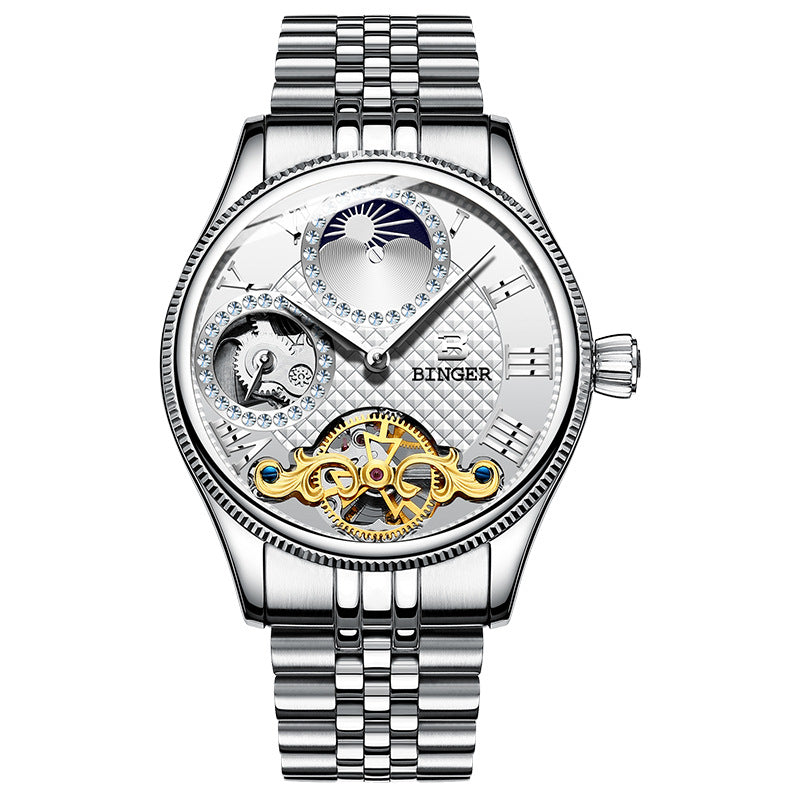 BINGER Luxury Men's Automatic Mechanical Skeleton Waterproof Stainless Steel Watch