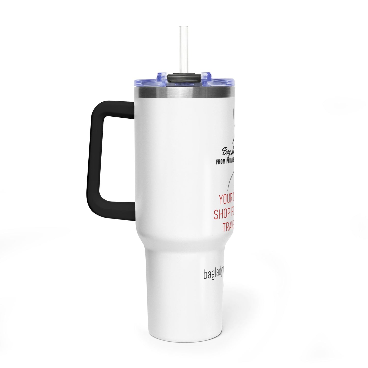 40oz Vacuum Tumbler – Insulated Travel Mug with Straw (Bag Lady From Philly Logo)