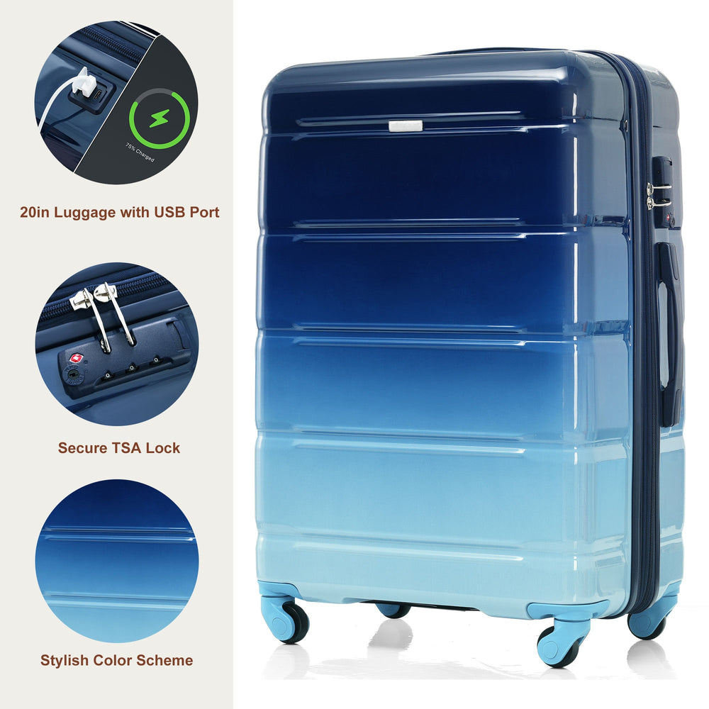 ESCAPE NAVY Luggage Sets 5 Piece, 20-inch With USB Port, ABS Durable Suitcase With Travel Bags,