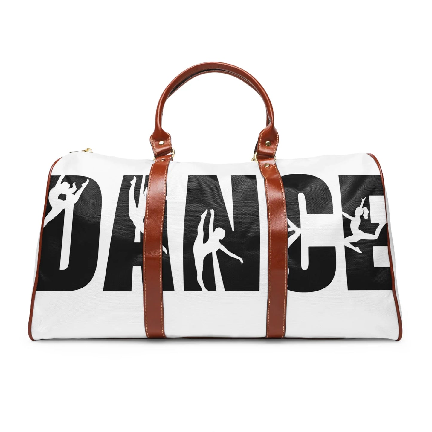 White dance duffel bag with brown leather handles and black silhouette dancer designs