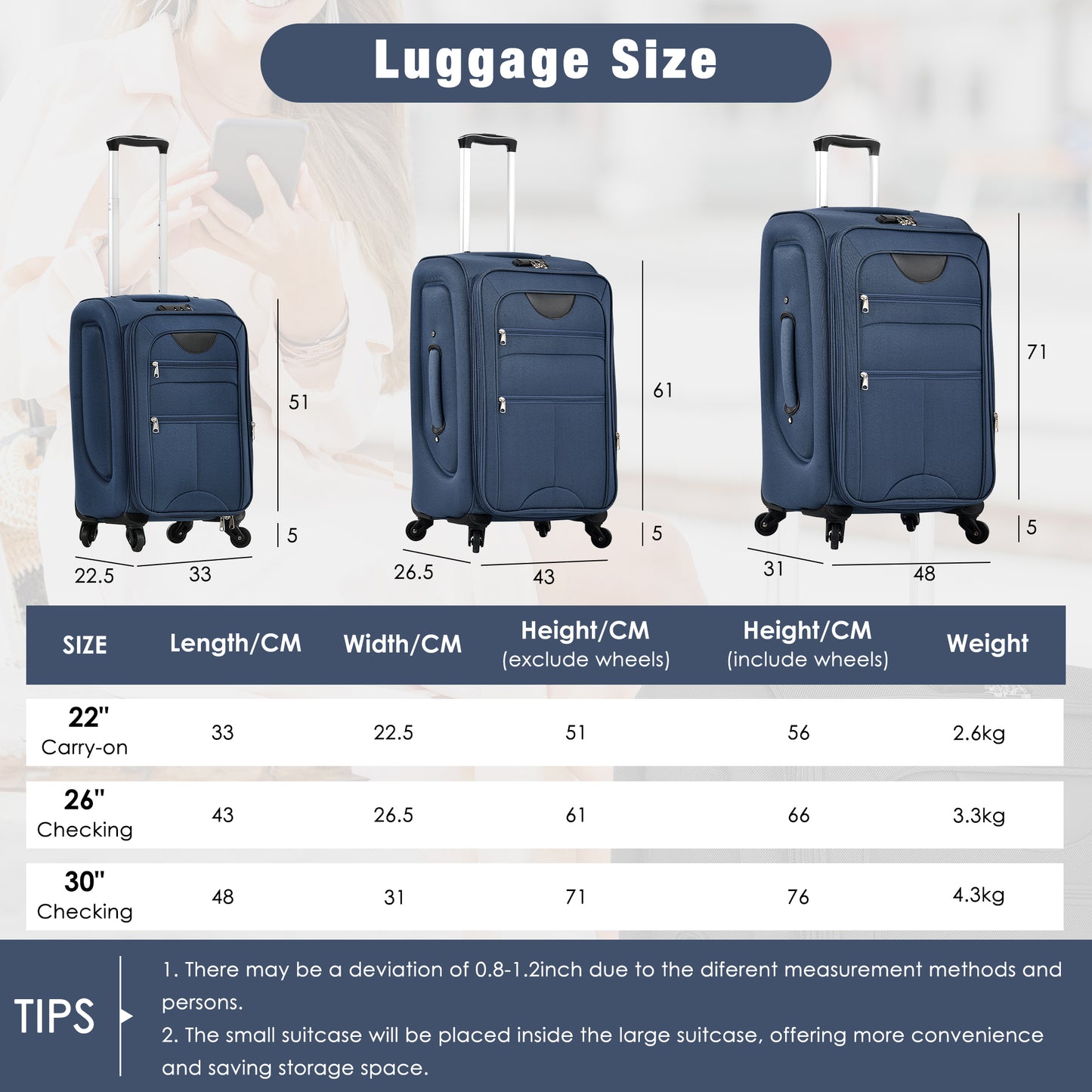 DESTINATION BLUE Soft side Luggage Expandable 3 Piece Set Suitcase With Duffel Bag Upright Spinner Travel Set-22"-26"-30"