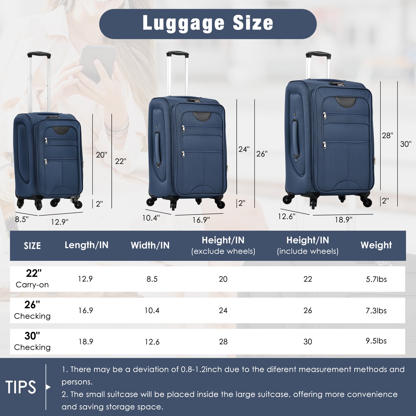 DESTINATION BLUE Soft side Luggage Expandable 3 Piece Set Suitcase With Duffel Bag Upright Spinner Travel Set-22"-26"-30"