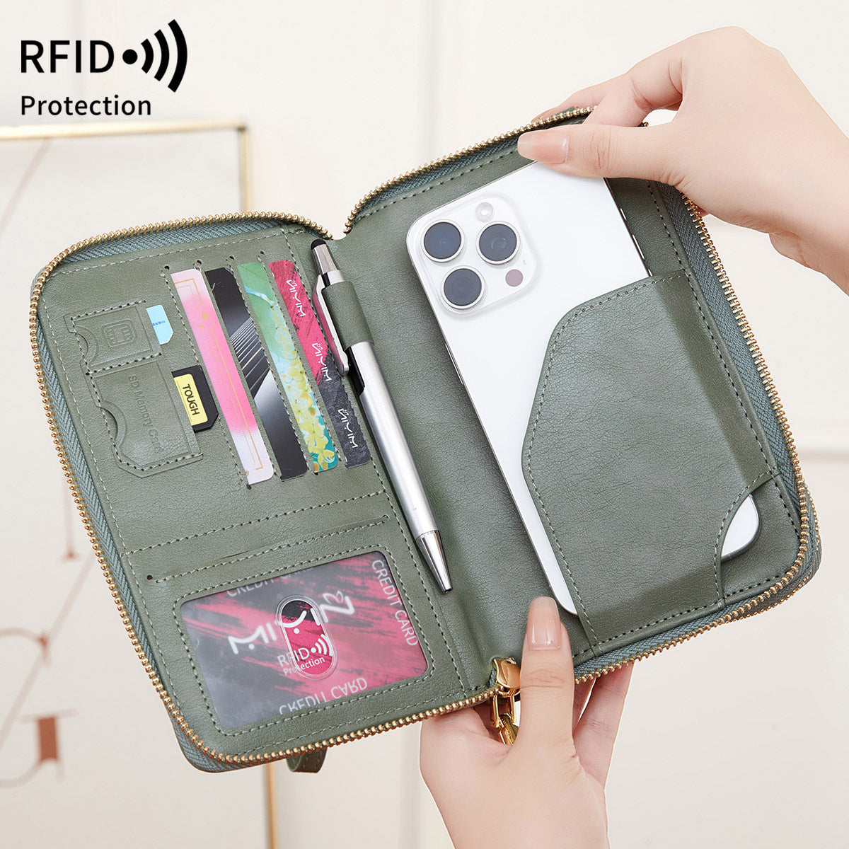 RFID Multi-functional Double Zipper Storage Crossbody Wallet