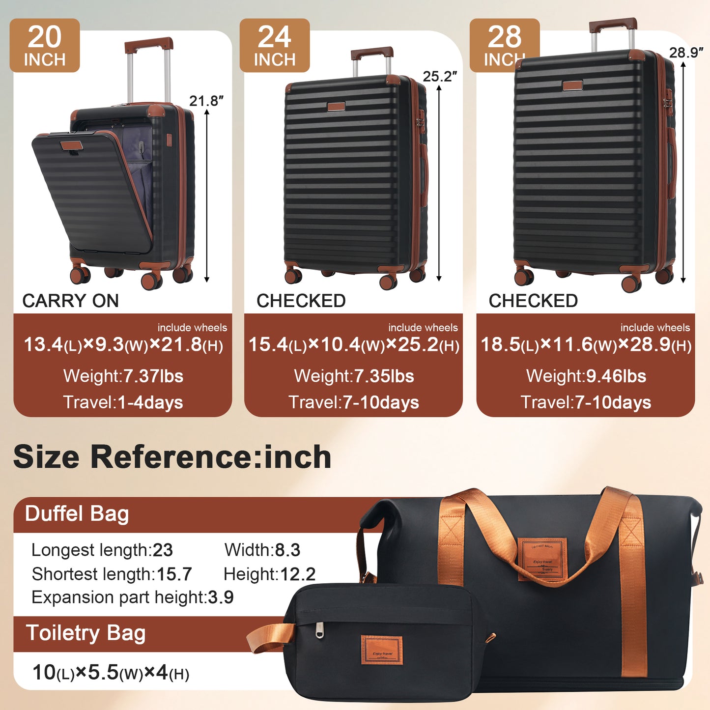 ESCAPE SERIES BROWN 5 Piece With Front Opening , Hard side Suitcases With Spinner Wheels TSA Lock USB Port  Cup Holder Duffel Bag And Toiletry Bag