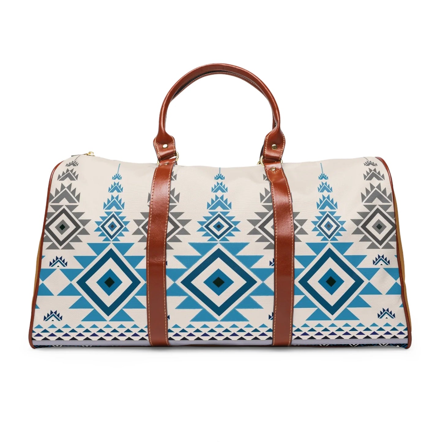Travel duffel bag with blue and gray geometric tribal pattern and brown leather handles