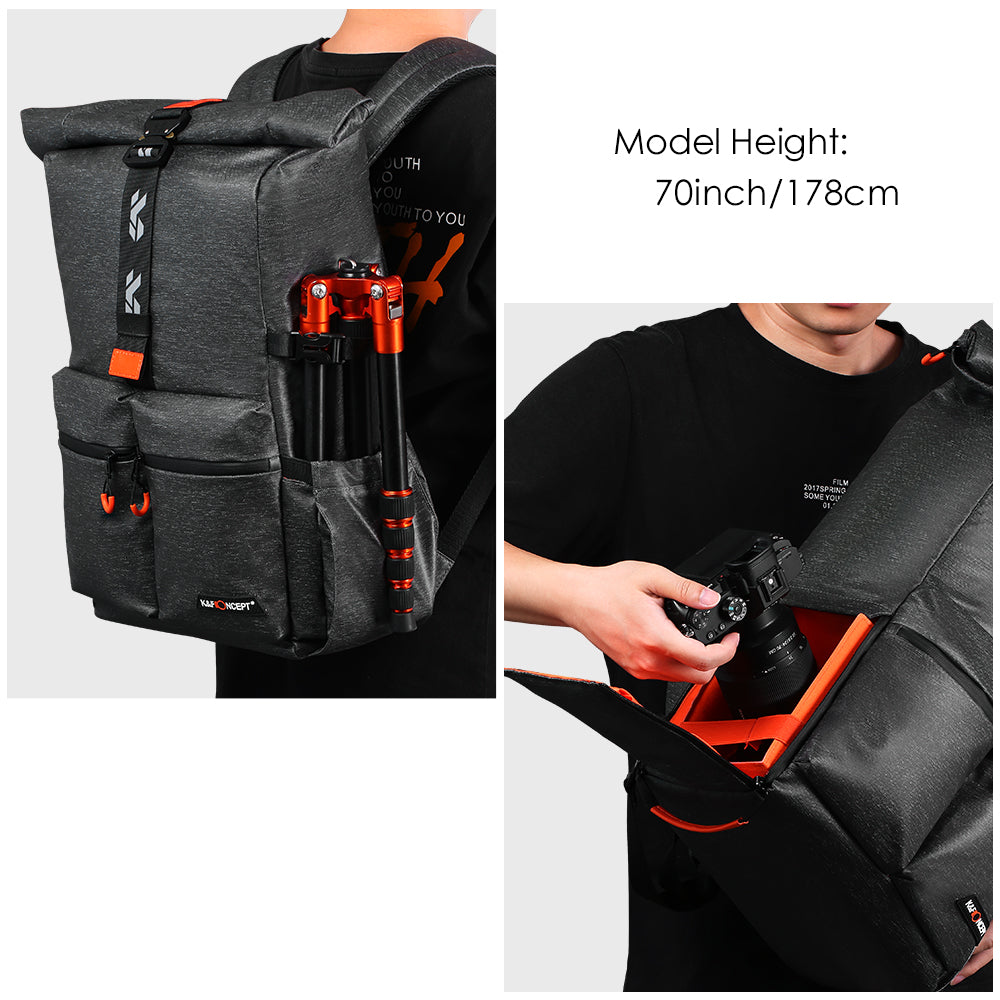 K&F CONCEPT Camera Backpack, Camera Bag with 15.6 Inch Laptop Compartment, Roll Top Pocket Expandable Camera Backpack with Side Access for Photographers
