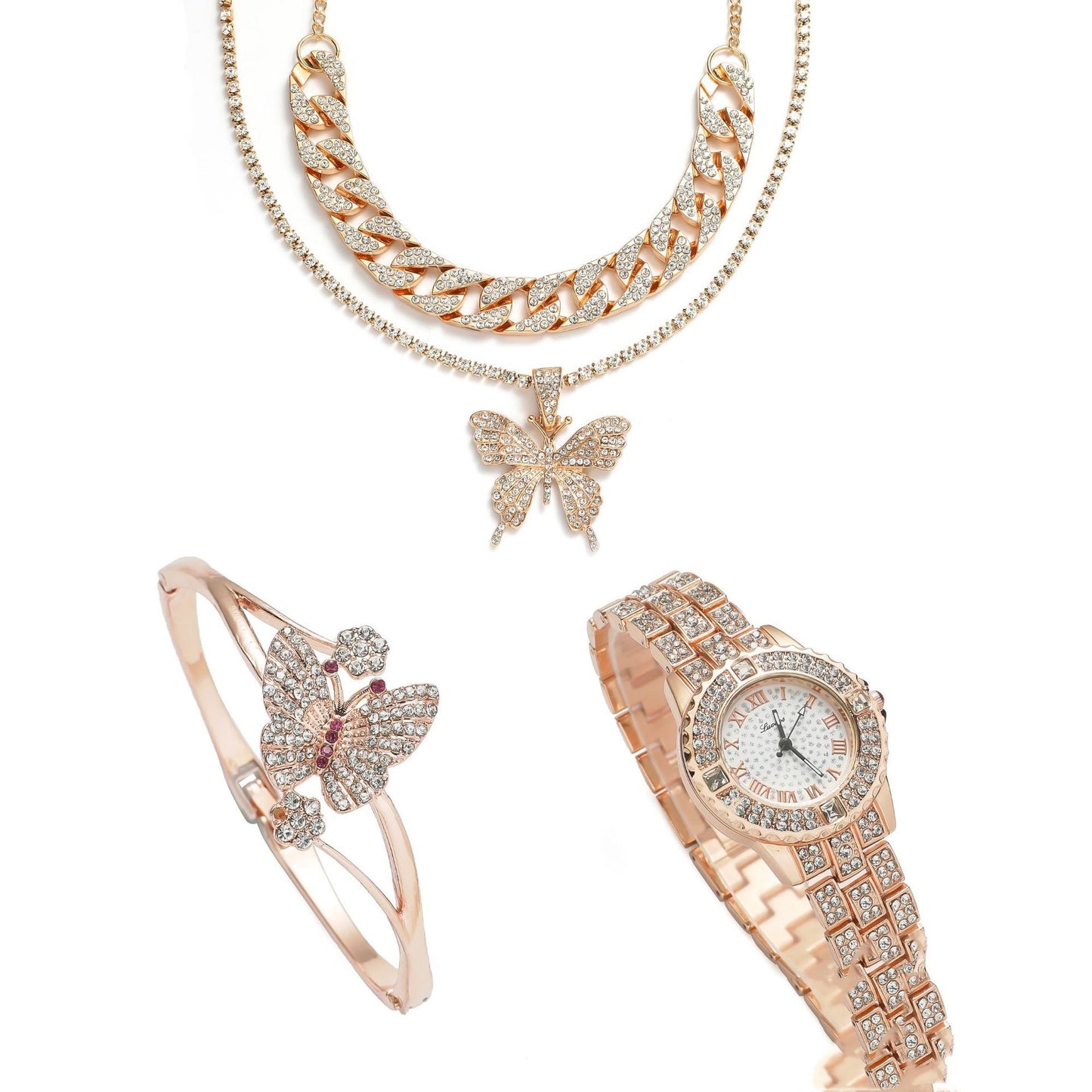 Diamond Bling Ladies Quartz Watch 3-Piece Gift Box