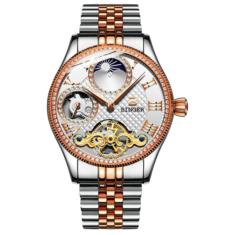BINGER Luxury Men's Automatic Mechanical Skeleton Waterproof Stainless Steel Watch