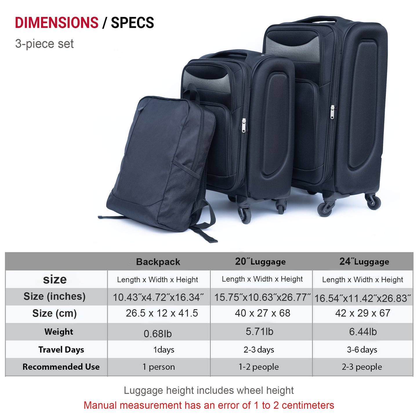 ON-THE-GO Two-piece Suitcase Set; 20" 24" with FREE Matching Backpack;  BLACK