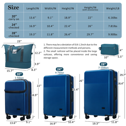 ESCAPE WILD BLUE 5 Piece With Half-opening, Hard side Carry On Suitcase Set With Double Spinner Wheel, Lightweight Travel Luggage With USB Port,TSA Locks