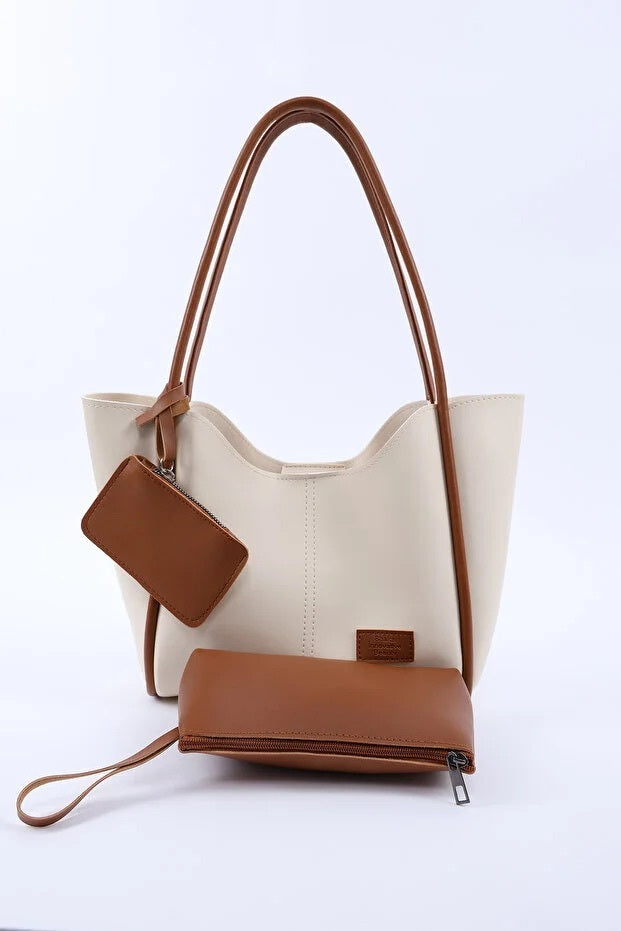 Sac Dame Cream Tan Faux Leather Women Hand And Shoulder Bag With Wallet And Makeup Bag