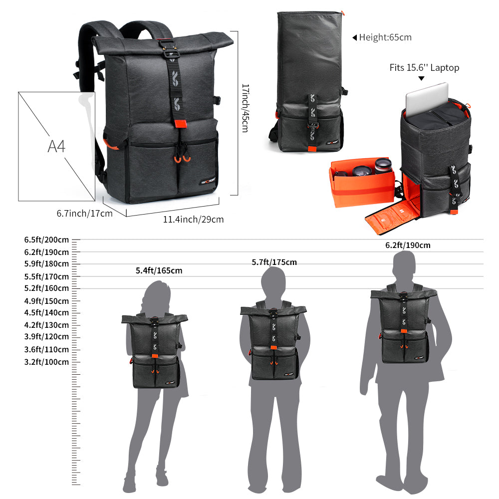 K&F CONCEPT Camera Backpack, Camera Bag with 15.6 Inch Laptop Compartment, Roll Top Pocket Expandable Camera Backpack with Side Access for Photographers