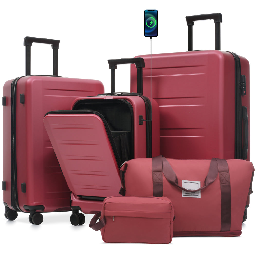 ESCAPE RED Luggage 5-Piece Set With Front Opening, Hard side with USB Port, TSA Locks 20"-24"-28"