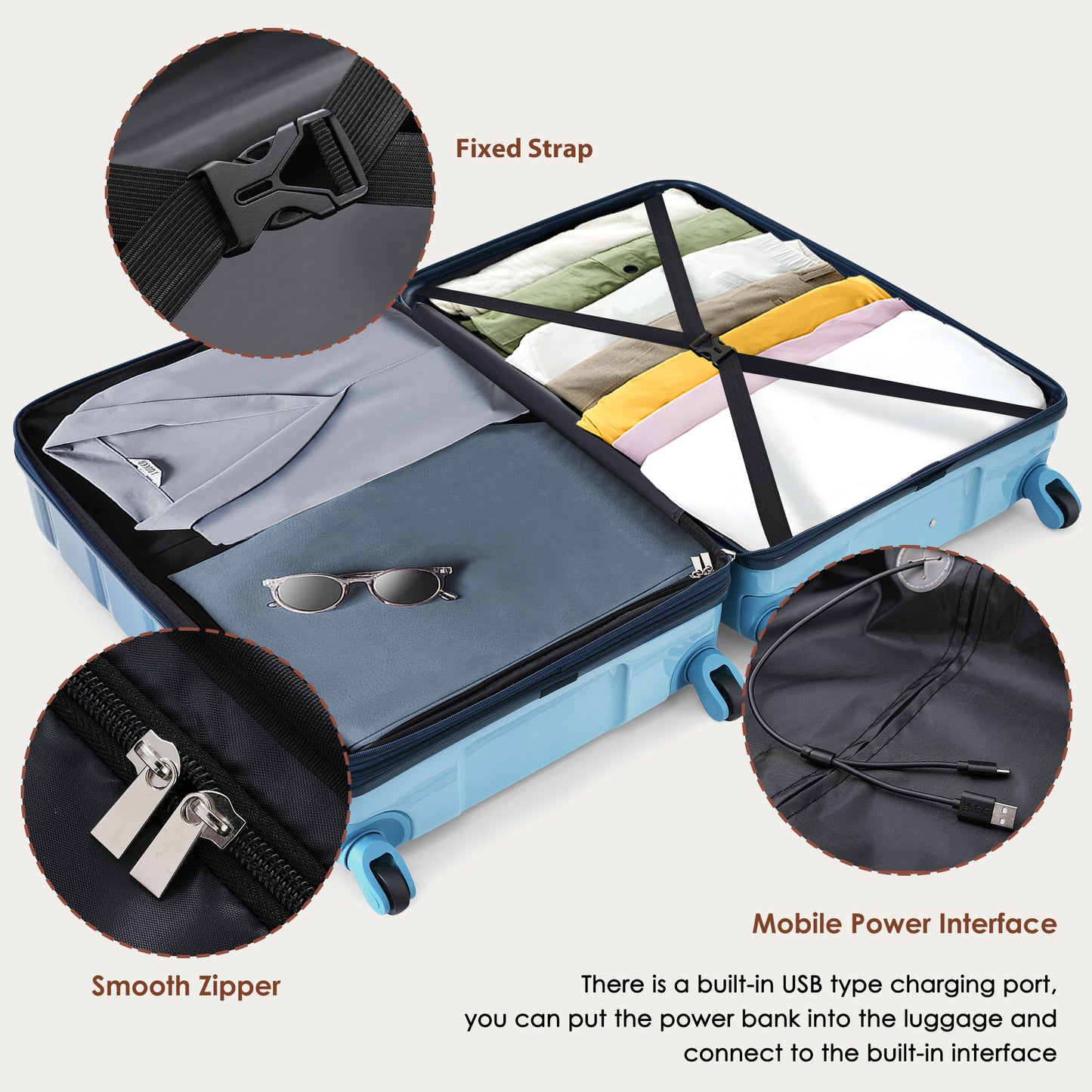 ESCAPE SERIES Gradient Blue Set Of 3, 20-inch With USB Port, Airline Certified Carry-on Luggage, ABS PC Hard Shell with Spinner Wheels