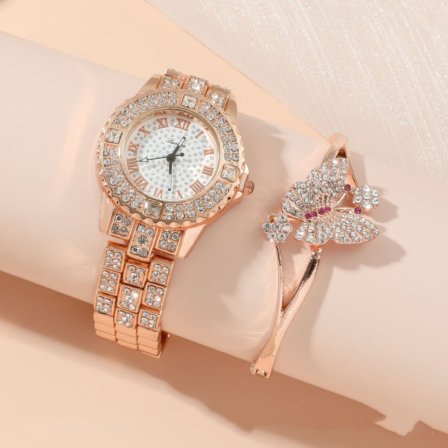 Diamond Bling Ladies Quartz Watch 3-Piece Gift Box