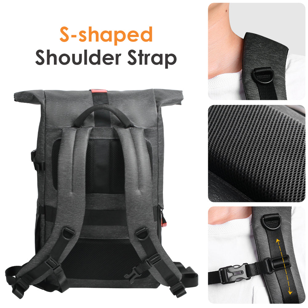 K&F CONCEPT Camera Backpack, Camera Bag with 15.6 Inch Laptop Compartment, Roll Top Pocket Expandable Camera Backpack with Side Access for Photographers