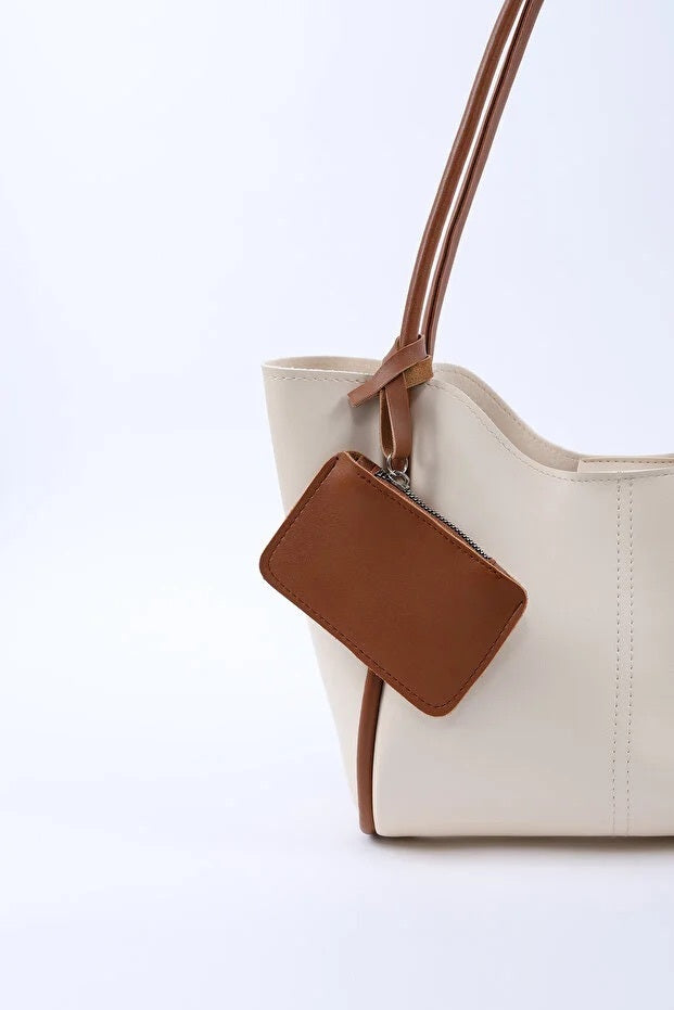 Sac Dame Cream Tan Faux Leather Women Hand And Shoulder Bag With Wallet And Makeup Bag