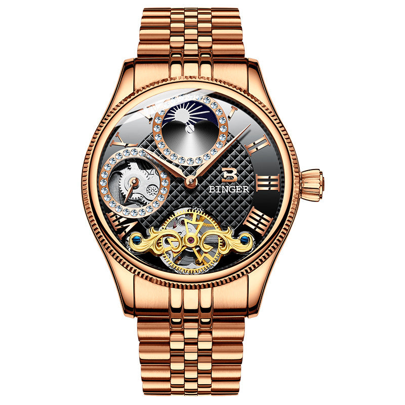 BINGER Luxury Men's Automatic Mechanical Skeleton Waterproof Stainless Steel Watch