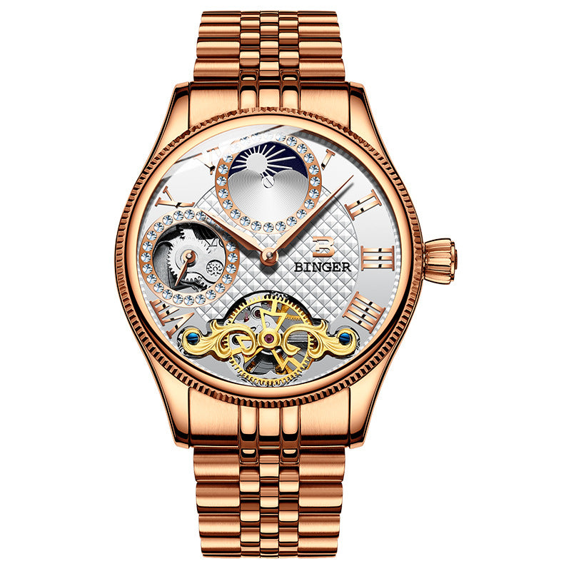 BINGER Luxury Men's Automatic Mechanical Skeleton Waterproof Stainless Steel Watch