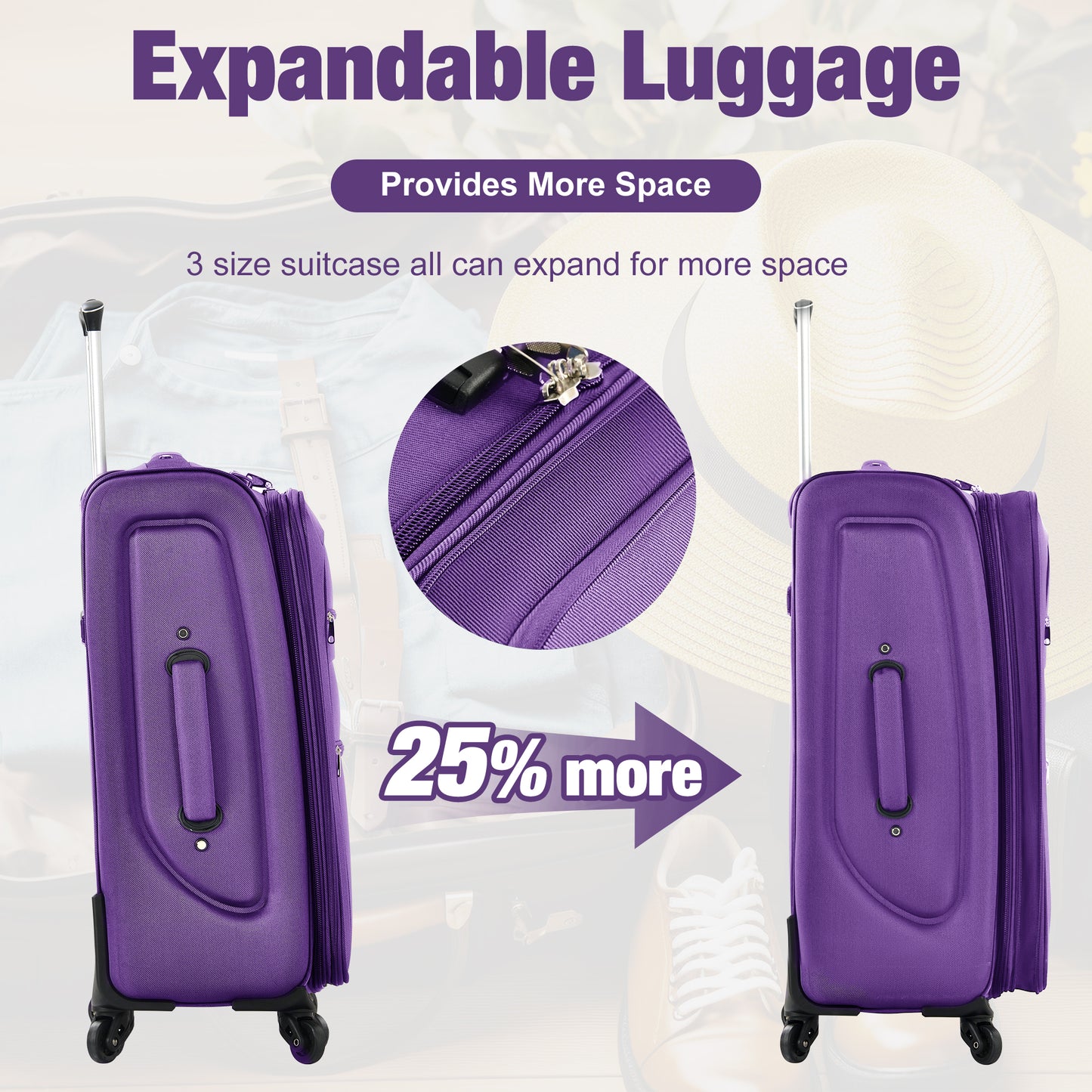 DESTINATION 3+ PURPLE Soft side Luggage Expandable 3 Piece Set Suitcase With Duffel Bag Set-22"-26"-30"