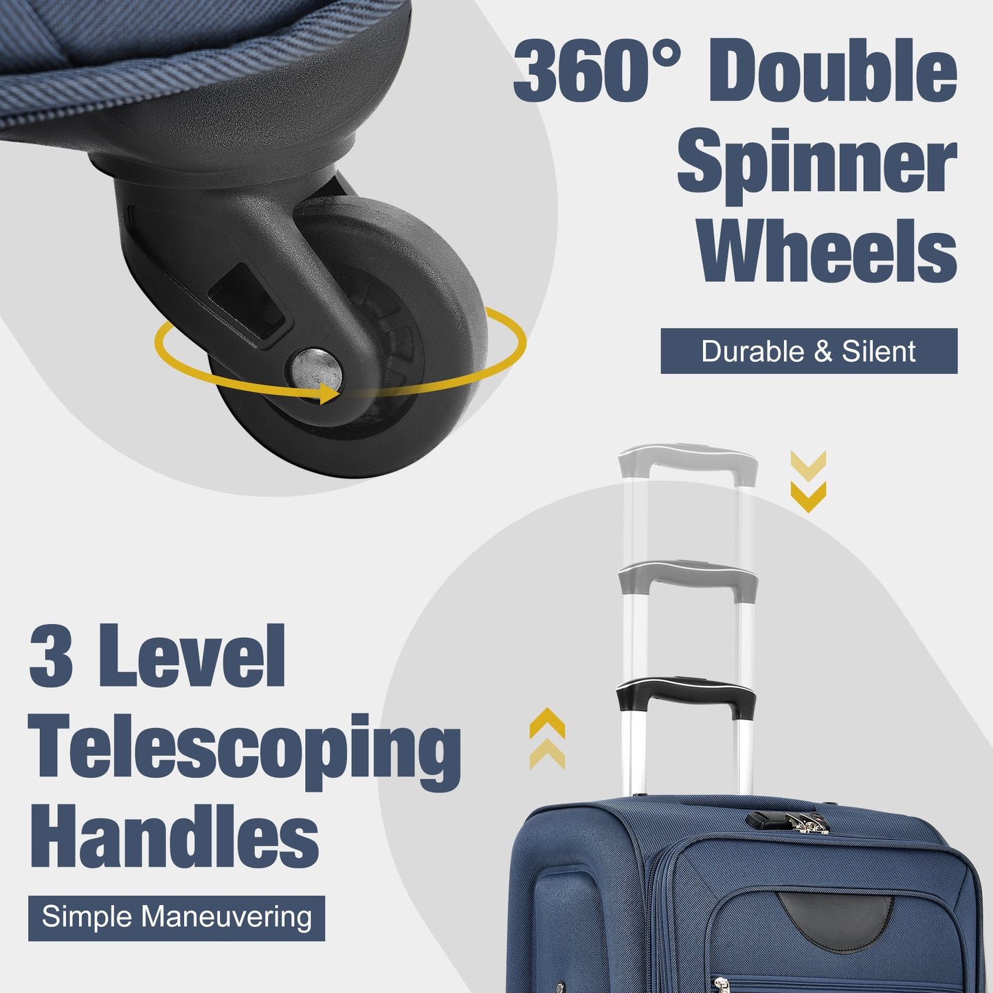 DESTINATION BLUE Soft side Luggage Expandable 3 Piece Set Suitcase With Duffel Bag Upright Spinner Travel Set-22"-26"-30"