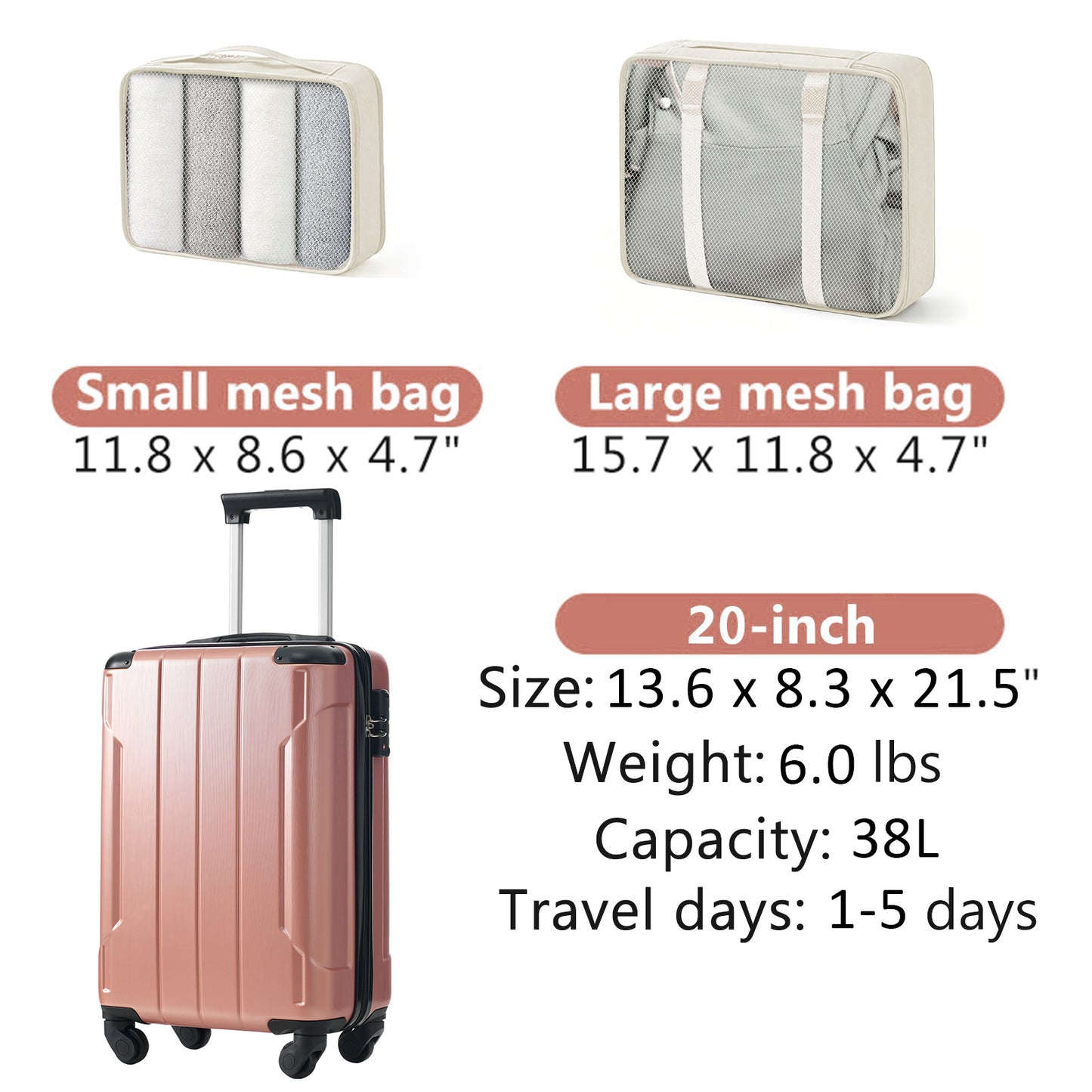 20-Inch Hard Shell Carry-On Rose Gold Luggage, 2 Packing Cubes included