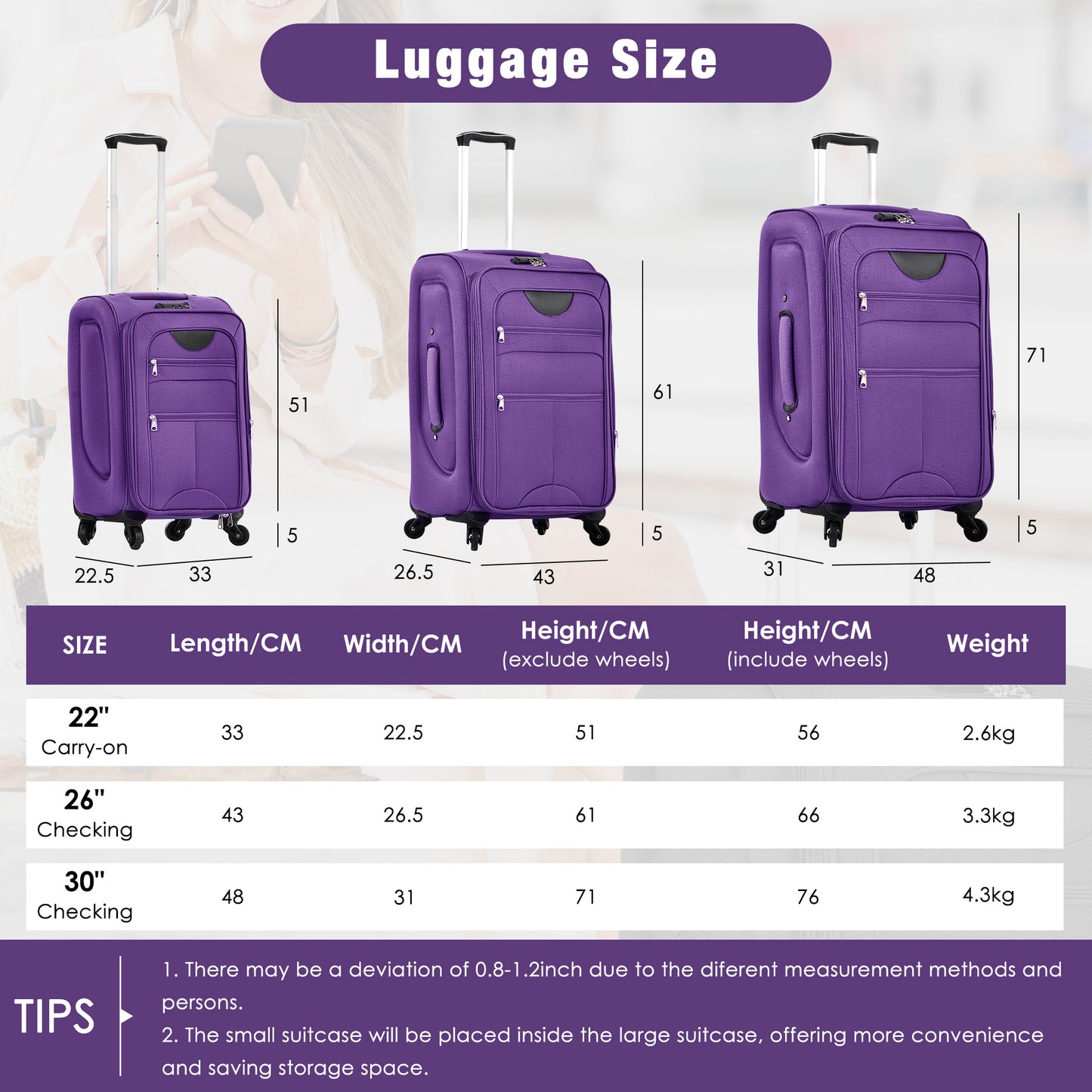 DESTINATION 3+ PURPLE Soft side Luggage Expandable 3 Piece Set Suitcase With Duffel Bag Set-22"-26"-30"