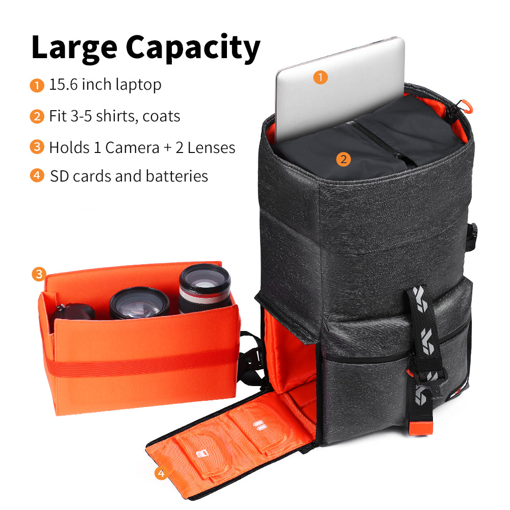 K&F CONCEPT Camera Backpack, Camera Bag with 15.6 Inch Laptop Compartment, Roll Top Pocket Expandable Camera Backpack with Side Access for Photographers