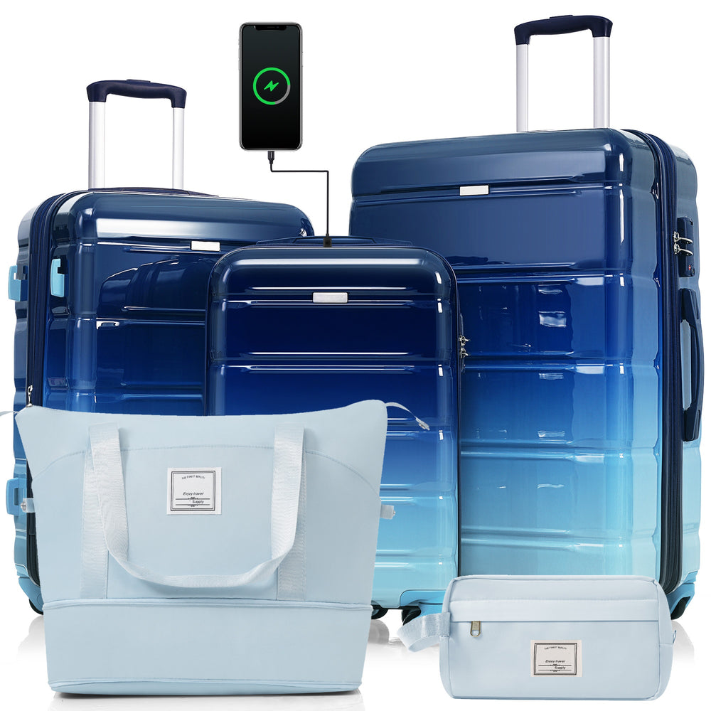 ESCAPE NAVY Luggage Sets 5 Piece, 20-inch With USB Port, ABS Durable Suitcase With Travel Bags,