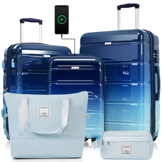 ESCAPE NAVY Luggage Sets 5 Piece, 20-inch With USB Port, ABS Durable Suitcase With Travel Bags,